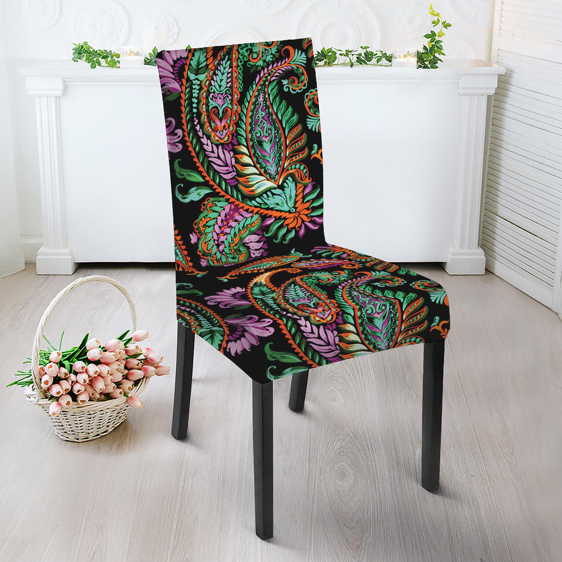 Green Orange And Pink Paisley Print Dining Chair Slipcover