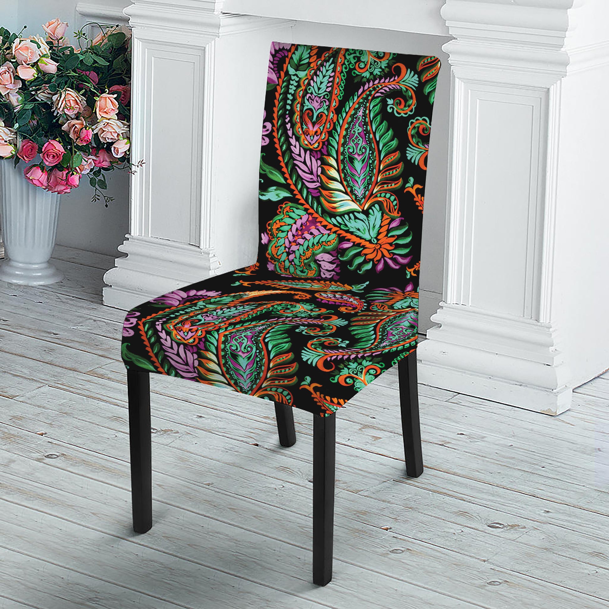 Green Orange And Pink Paisley Print Dining Chair Slipcover