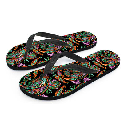 Green Orange And Pink Paisley Print Flip Flops