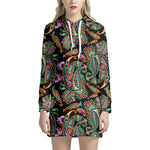 Green Orange And Pink Paisley Print Hoodie Dress