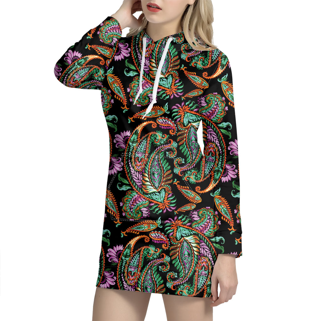Green Orange And Pink Paisley Print Hoodie Dress