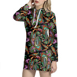 Green Orange And Pink Paisley Print Hoodie Dress