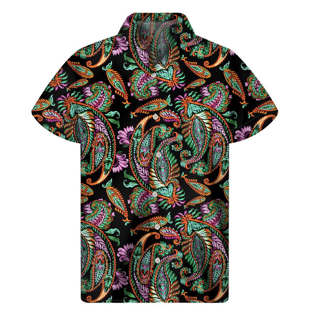 Green Orange And Pink Paisley Print Men's Short Sleeve Shirt