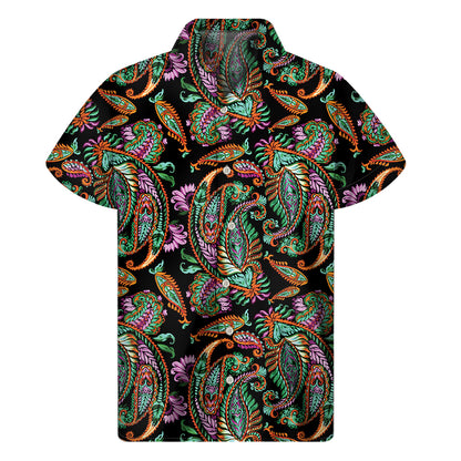 Green Orange And Pink Paisley Print Men's Short Sleeve Shirt