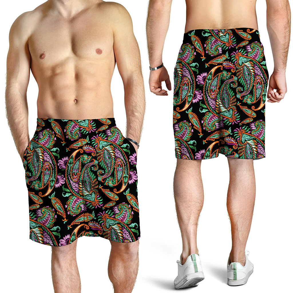 Green Orange And Pink Paisley Print Men's Shorts