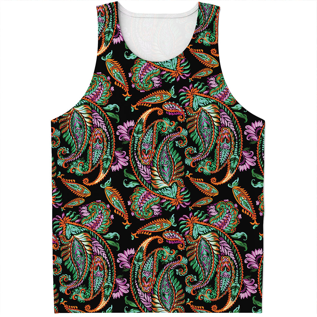 Green Orange And Pink Paisley Print Men's Tank Top
