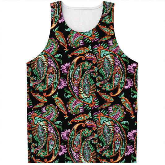 Green Orange And Pink Paisley Print Men's Tank Top