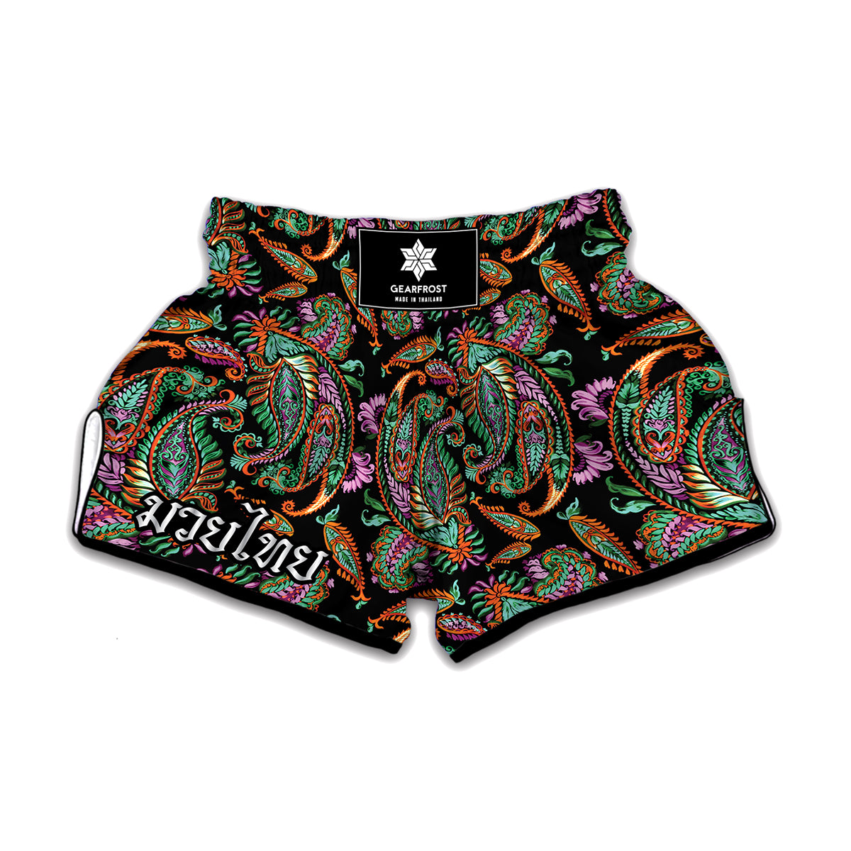 Green Orange And Pink Paisley Print Muay Thai Boxing Shorts