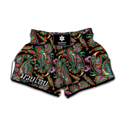 Green Orange And Pink Paisley Print Muay Thai Boxing Shorts
