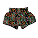 Green Orange And Pink Paisley Print Muay Thai Boxing Shorts