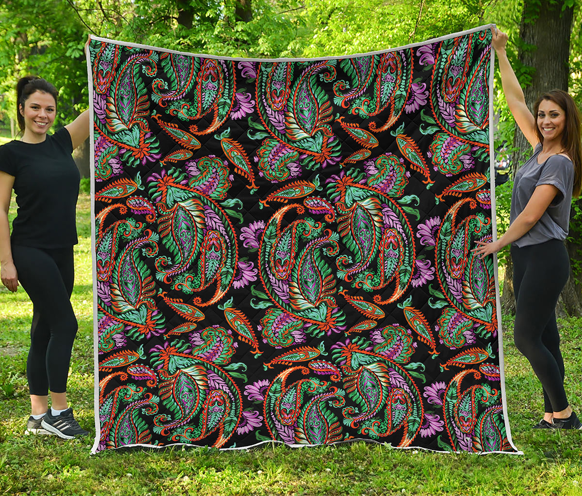 Green Orange And Pink Paisley Print Quilt