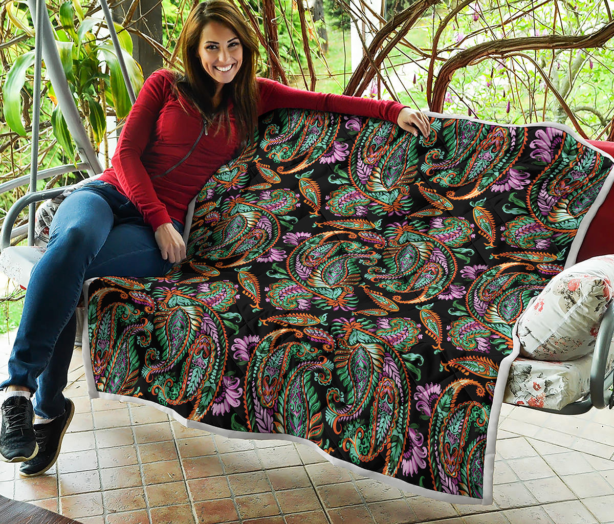 Green Orange And Pink Paisley Print Quilt