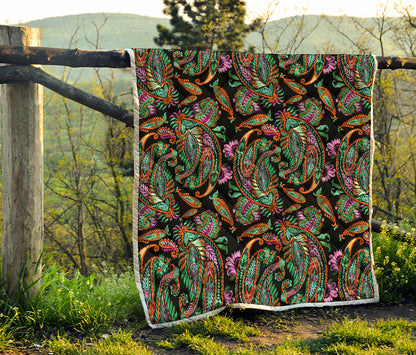Green Orange And Pink Paisley Print Quilt