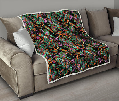 Green Orange And Pink Paisley Print Quilt