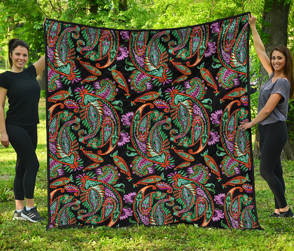 Green Orange And Pink Paisley Print Quilt