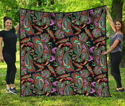 Green Orange And Pink Paisley Print Quilt