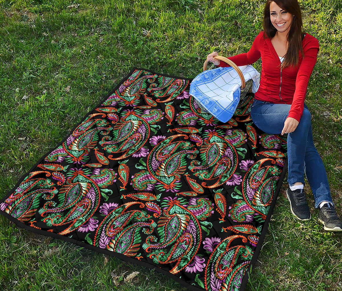 Green Orange And Pink Paisley Print Quilt