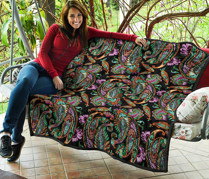 Green Orange And Pink Paisley Print Quilt