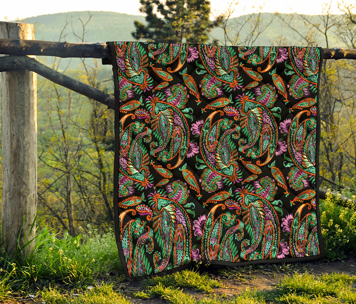 Green Orange And Pink Paisley Print Quilt