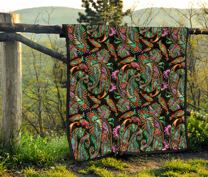 Green Orange And Pink Paisley Print Quilt