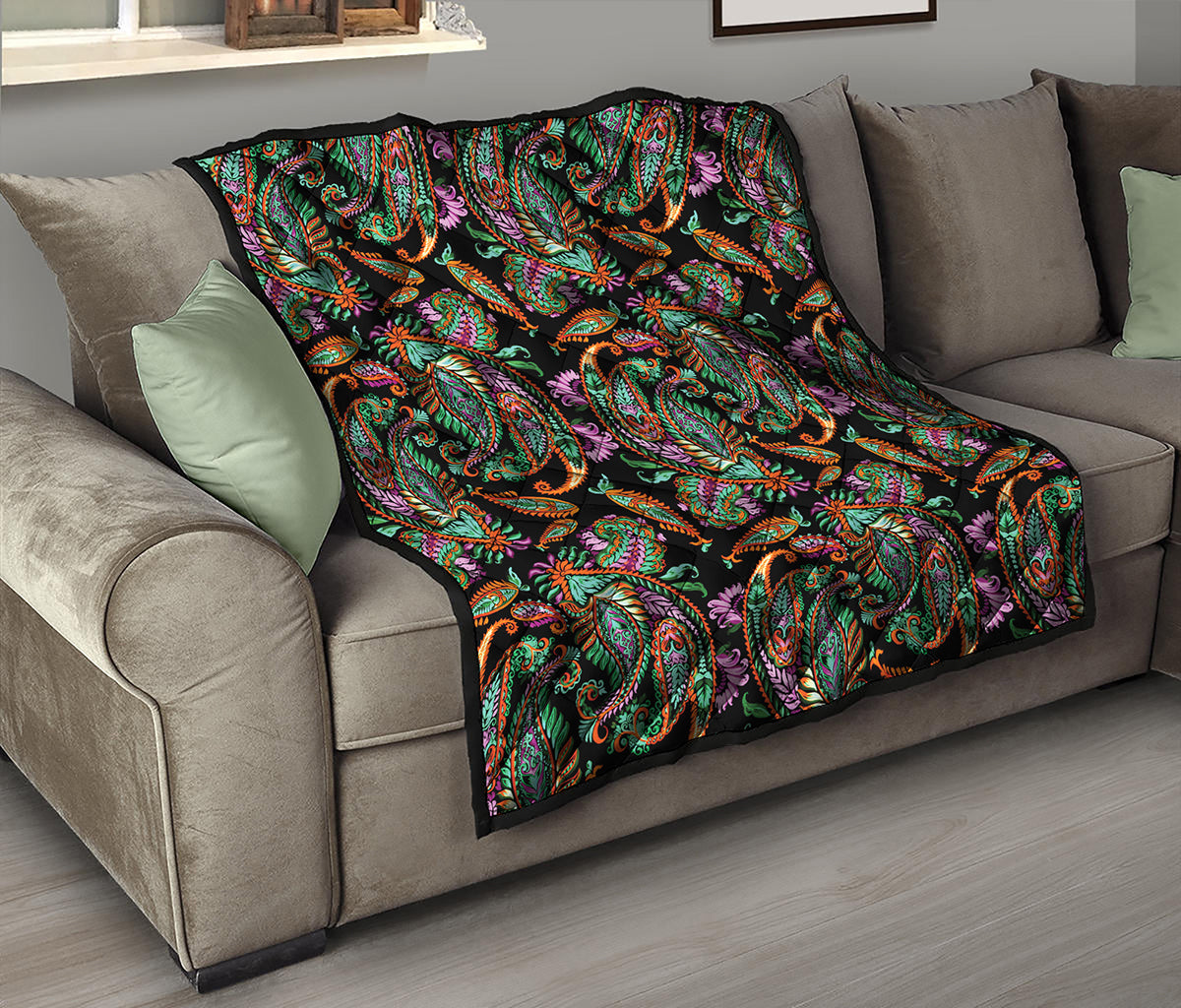 Green Orange And Pink Paisley Print Quilt