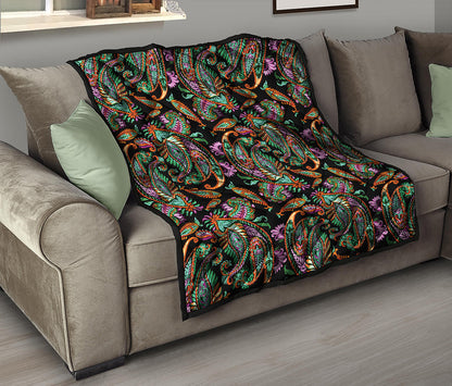 Green Orange And Pink Paisley Print Quilt