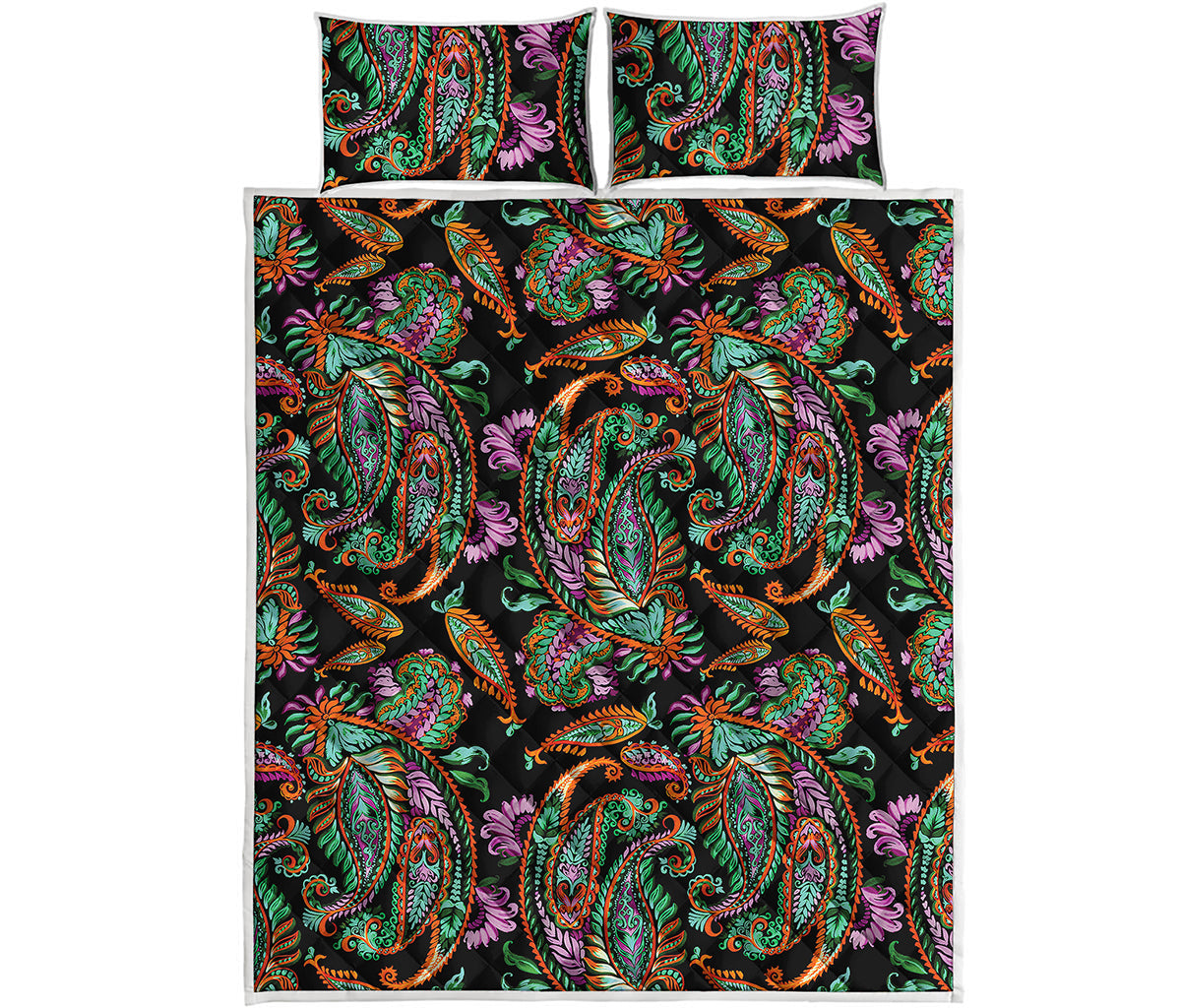 Green Orange And Pink Paisley Print Quilt Bed Set