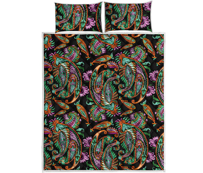 Green Orange And Pink Paisley Print Quilt Bed Set