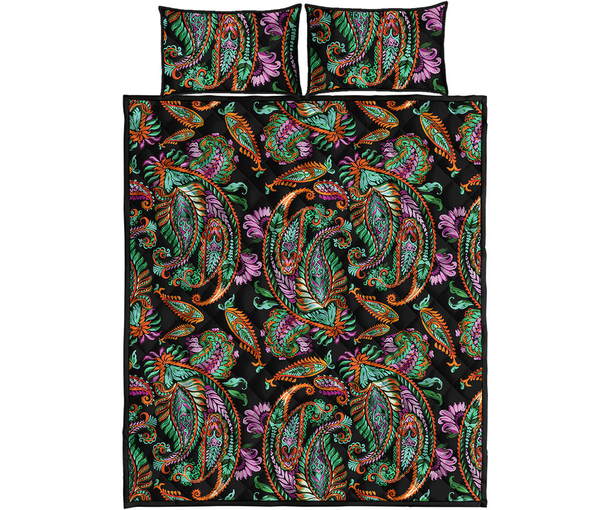 Green Orange And Pink Paisley Print Quilt Bed Set