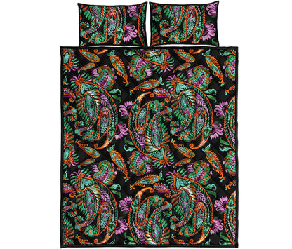 Green Orange And Pink Paisley Print Quilt Bed Set