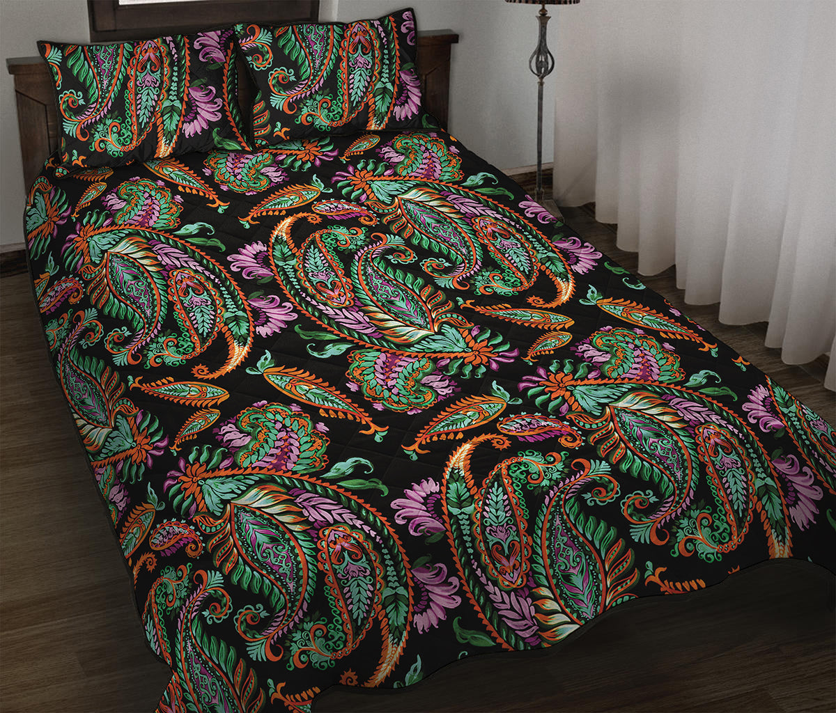 Green Orange And Pink Paisley Print Quilt Bed Set