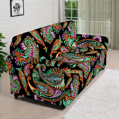 Green Orange And Pink Paisley Print Sofa Cover