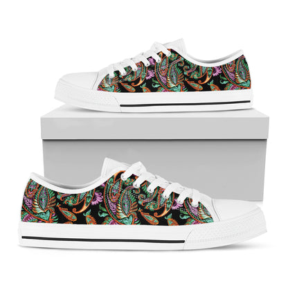 Green Orange And Pink Paisley Print White Low Top Shoes