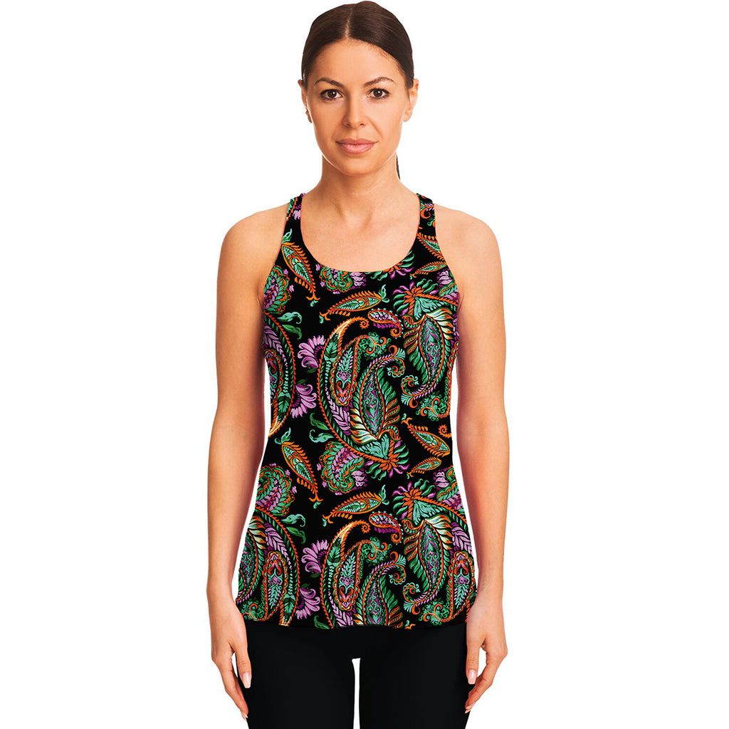 Green Orange And Pink Paisley Print Women's Racerback Tank Top