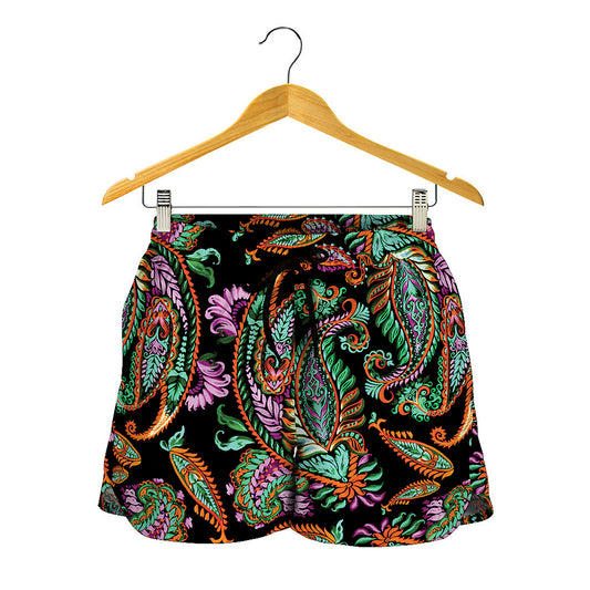 Green Orange And Pink Paisley Print Women's Shorts