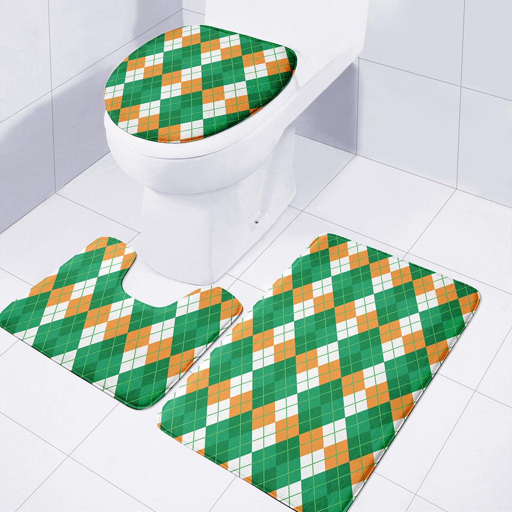 Green Orange And White Argyle Print 3 Piece Bath Mat Set