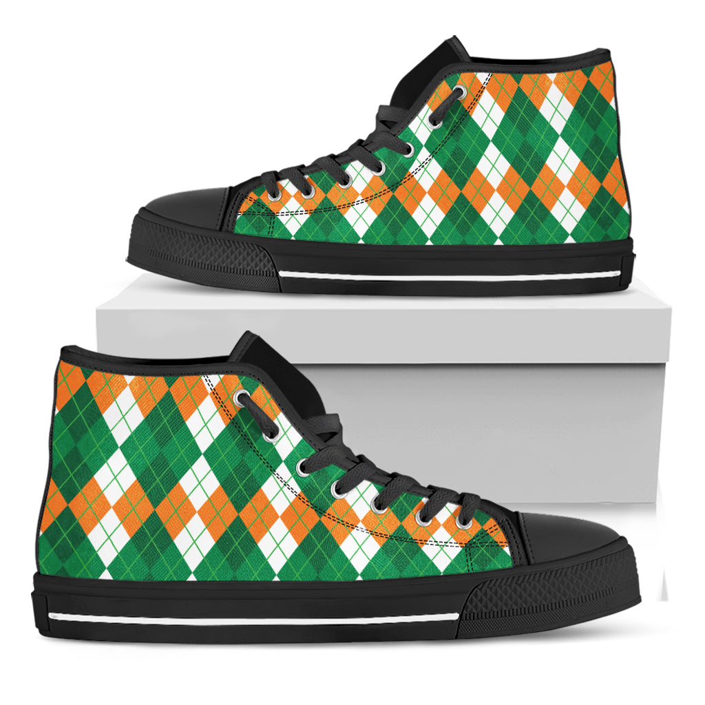 Green Orange And White Argyle Print Black High Top Shoes