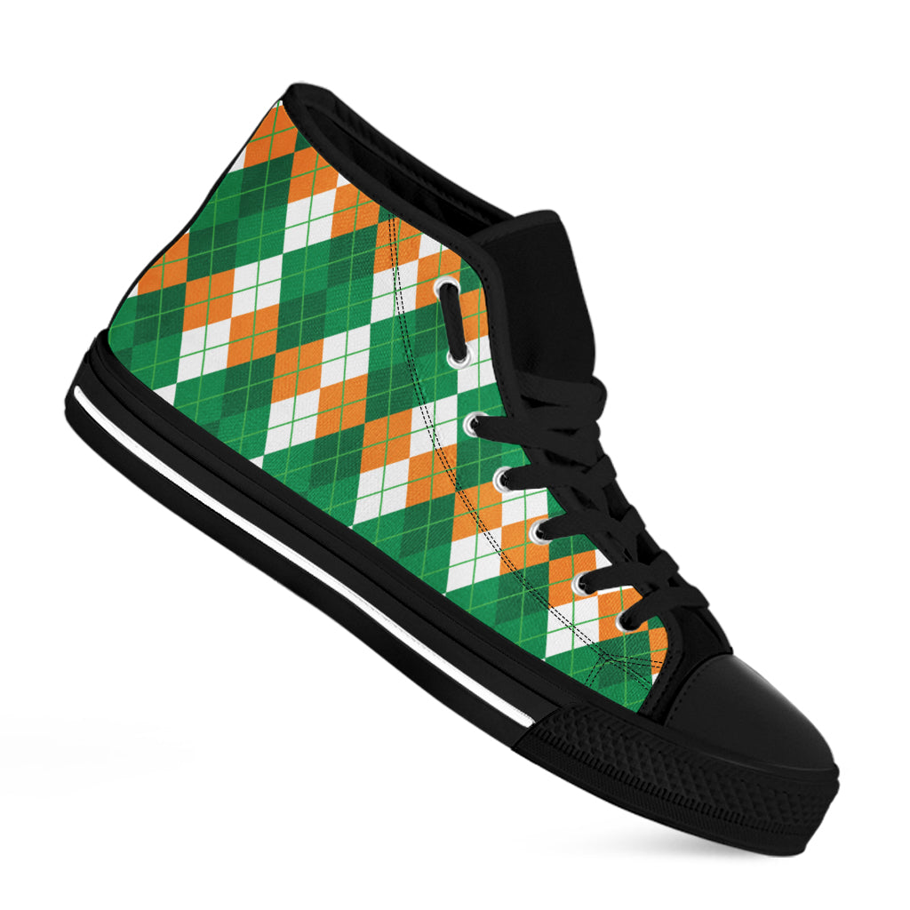 Green Orange And White Argyle Print Black High Top Shoes