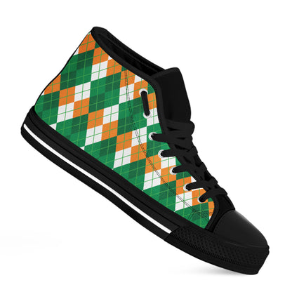 Green Orange And White Argyle Print Black High Top Shoes