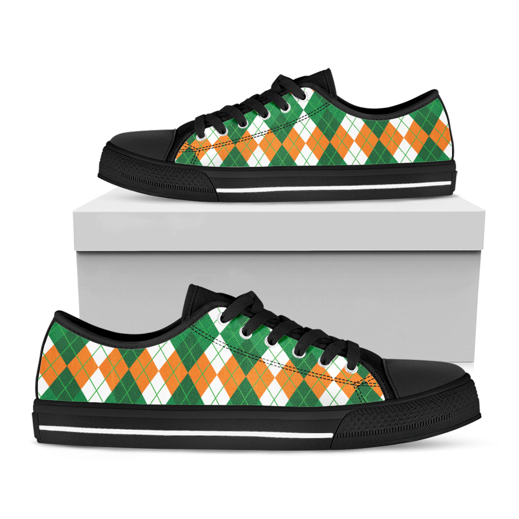 Green Orange And White Argyle Print Black Low Top Shoes