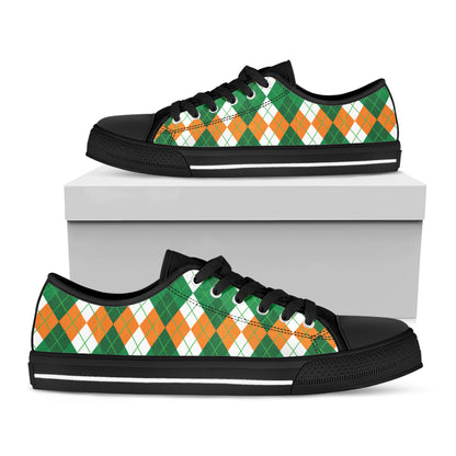 Green Orange And White Argyle Print Black Low Top Shoes