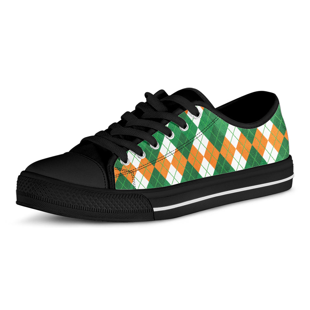 Green Orange And White Argyle Print Black Low Top Shoes