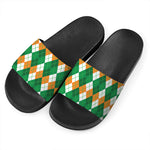 Green Orange And White Argyle Print Black Slide Sandals