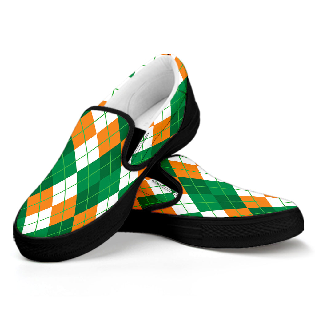 Green Orange And White Argyle Print Black Slip On Shoes