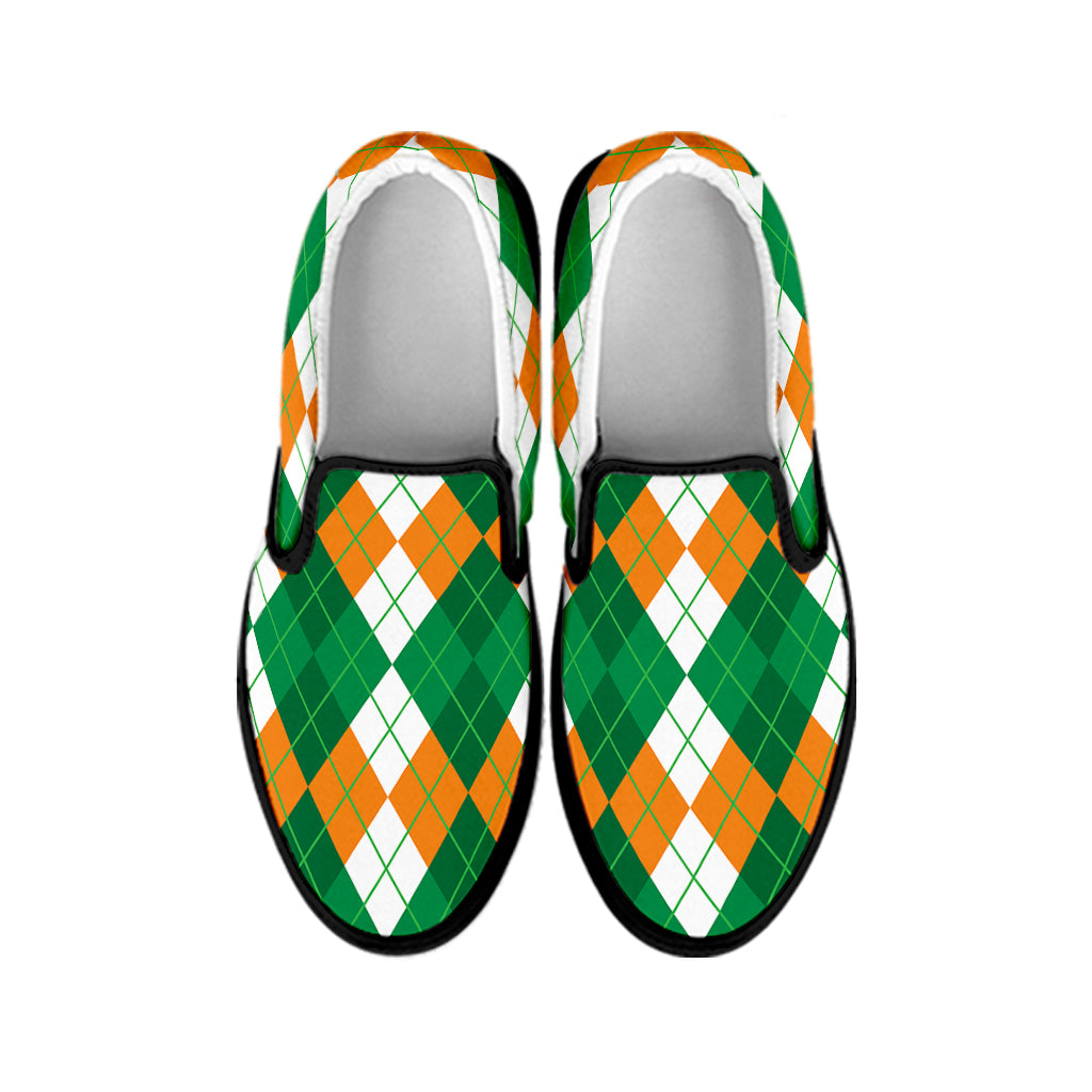 Green Orange And White Argyle Print Black Slip On Shoes