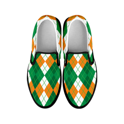 Green Orange And White Argyle Print Black Slip On Shoes