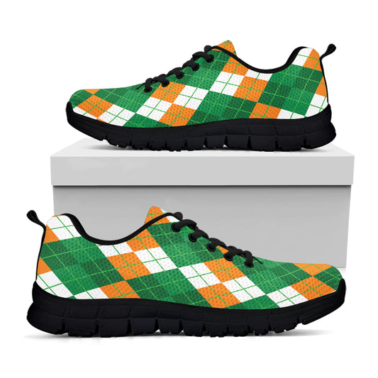 Green Orange And White Argyle Print Black Sneakers
