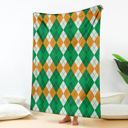 Green Orange And White Argyle Print Blanket