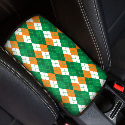 Green Orange And White Argyle Print Car Center Console Cover