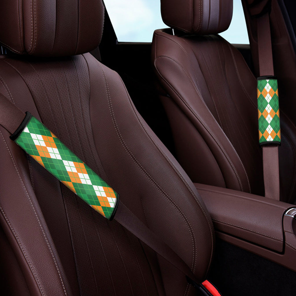 Green Orange And White Argyle Print Car Seat Belt Covers